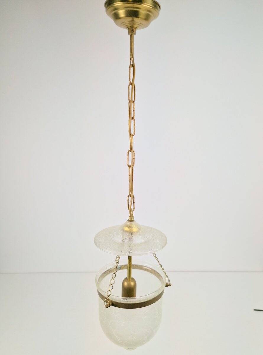 Vintage Brass and Mounted Glass Hundi Lantern Bell Lamp, 1950s