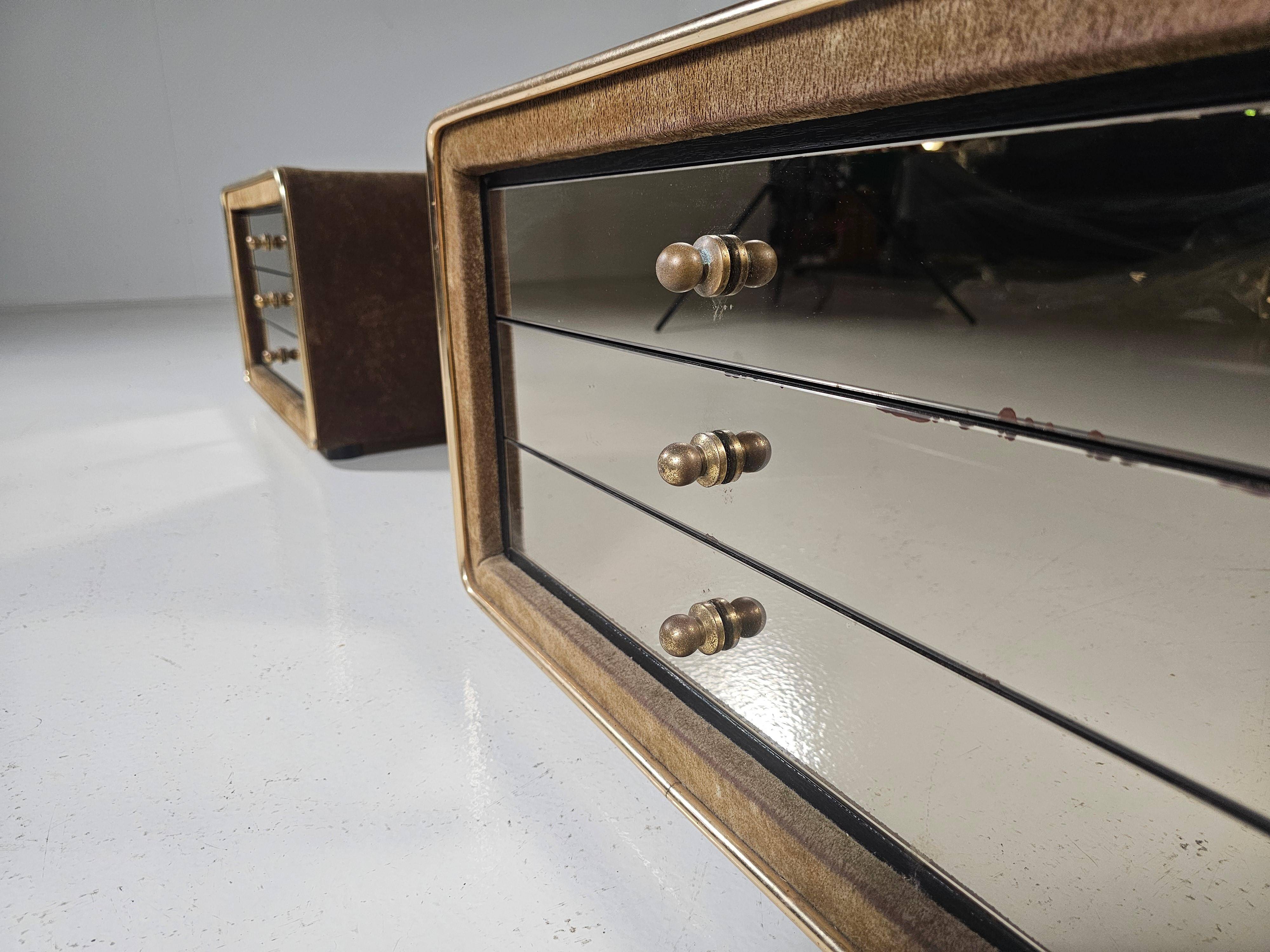 Pair of brass and suede bedside tables by RUF International, 1970.