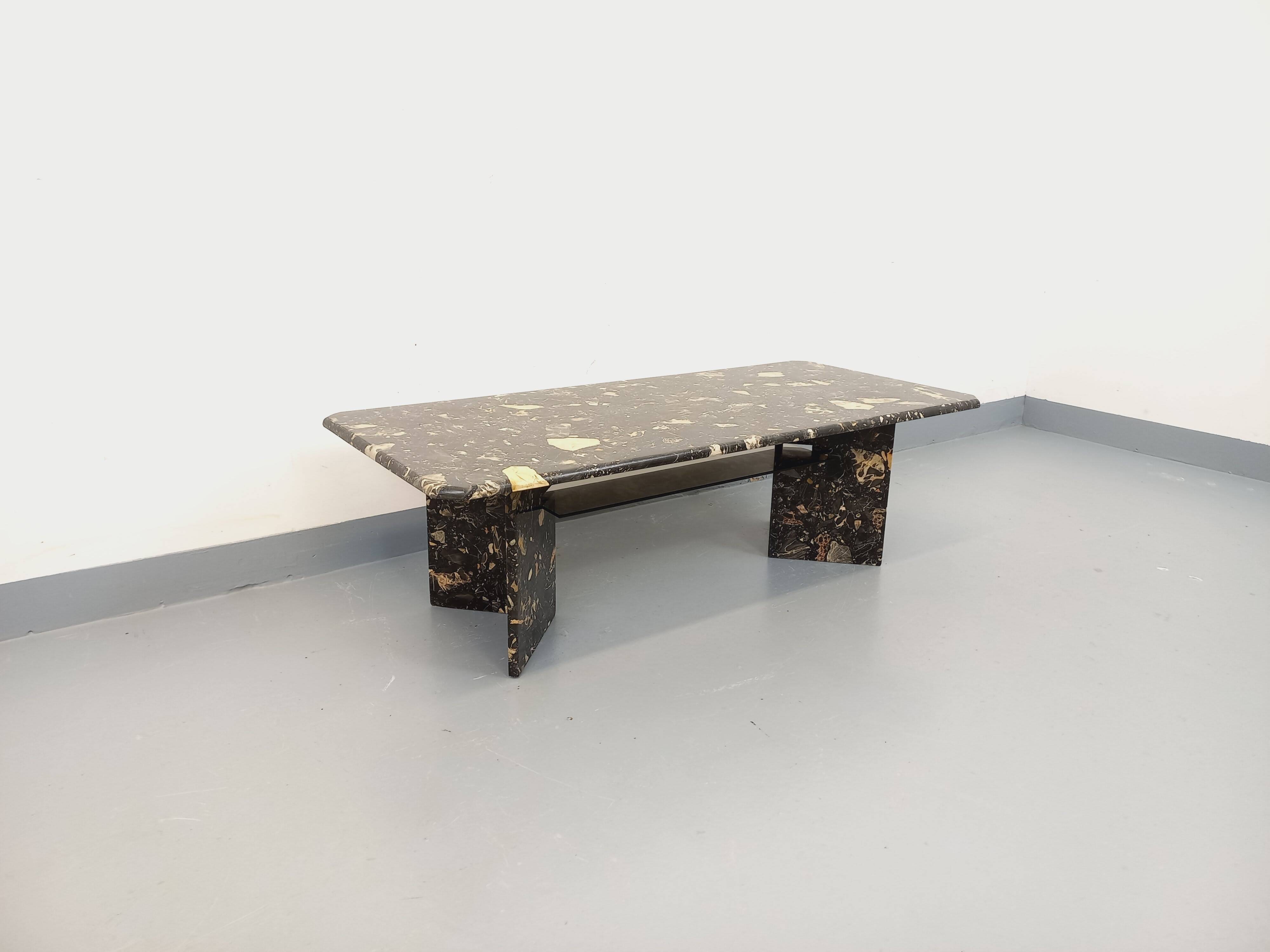 Vintage rectangular coffee table in black marble and smoked glass from the 1970s.