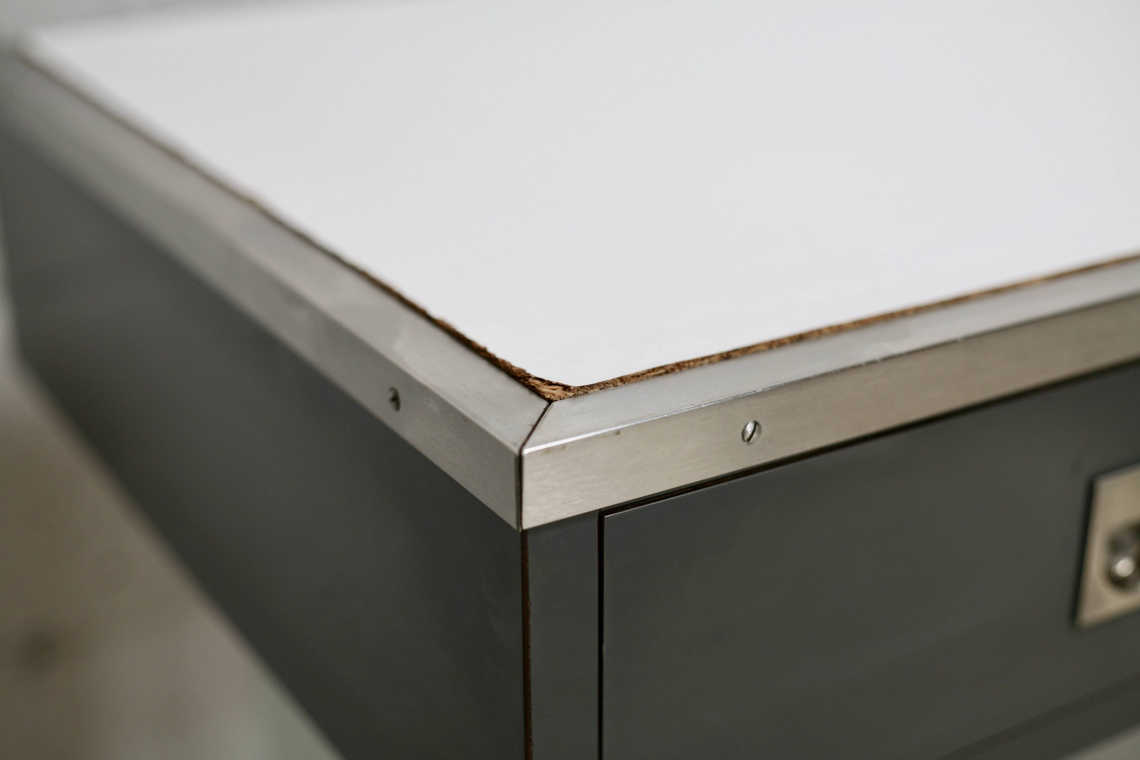 Modernist console, 60s, glass base, wooden and melamine top, white