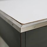 Modernist console, 60s, glass base, wooden and melamine top, white