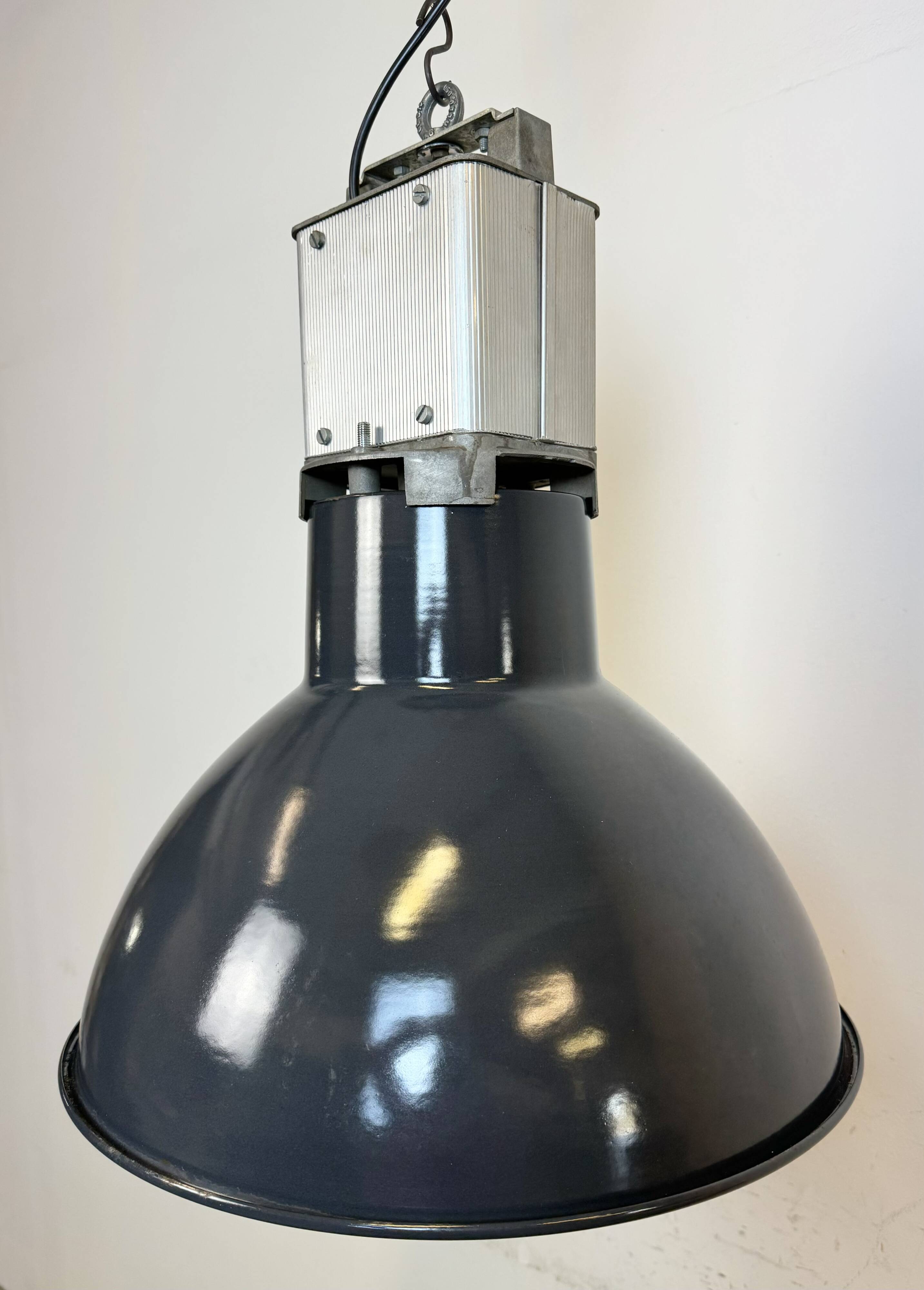 Industrial french dark blue enamel pendant lamp from mazda, 1960s