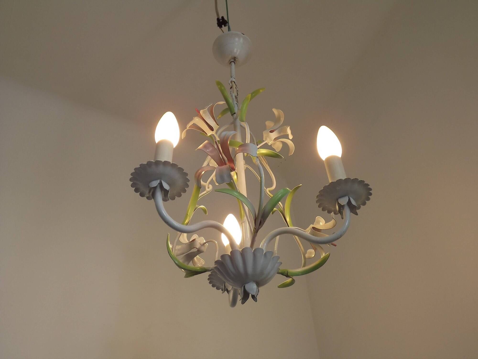 French Vintage 3 Light Pink Lily Flower Cage Style Metal Chandelier 5470