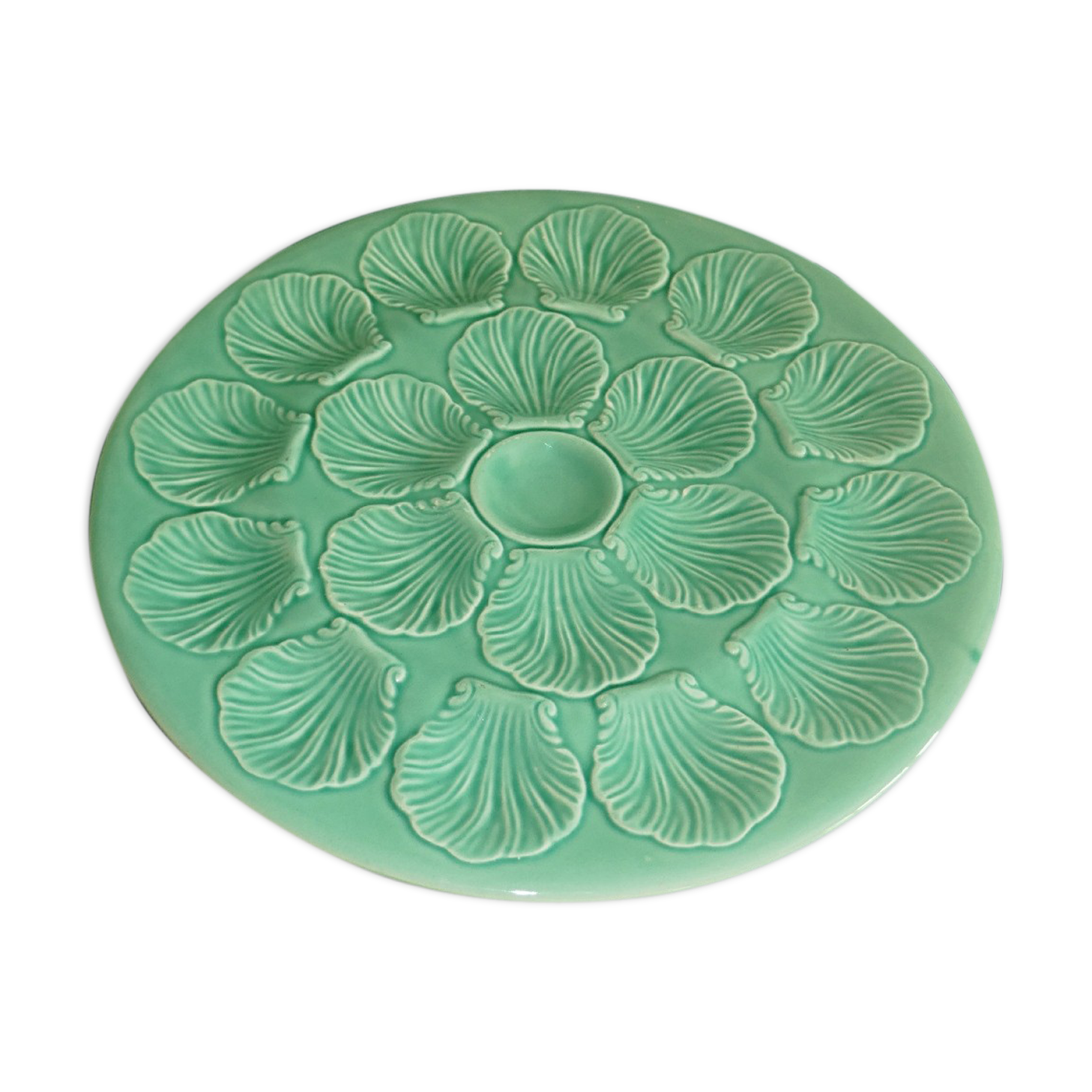 Plat à huîtres en faïence vert aqua/turquoise de Procéram d’époque 1950