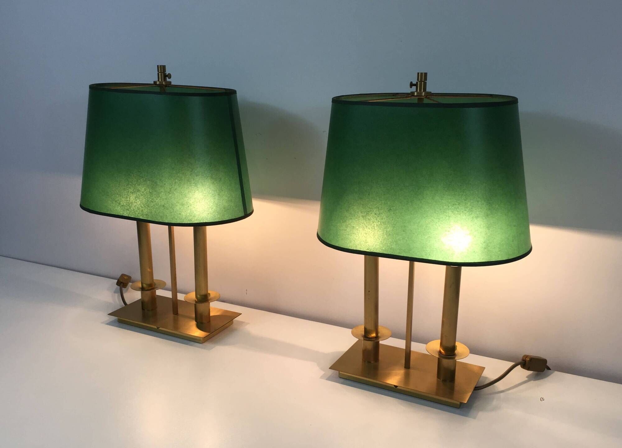 Pair of Two-Light Table Lamps in Brass with Green Shades. Work F