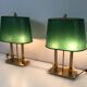 Pair of Two-Light Table Lamps in Brass with Green Shades. Work F