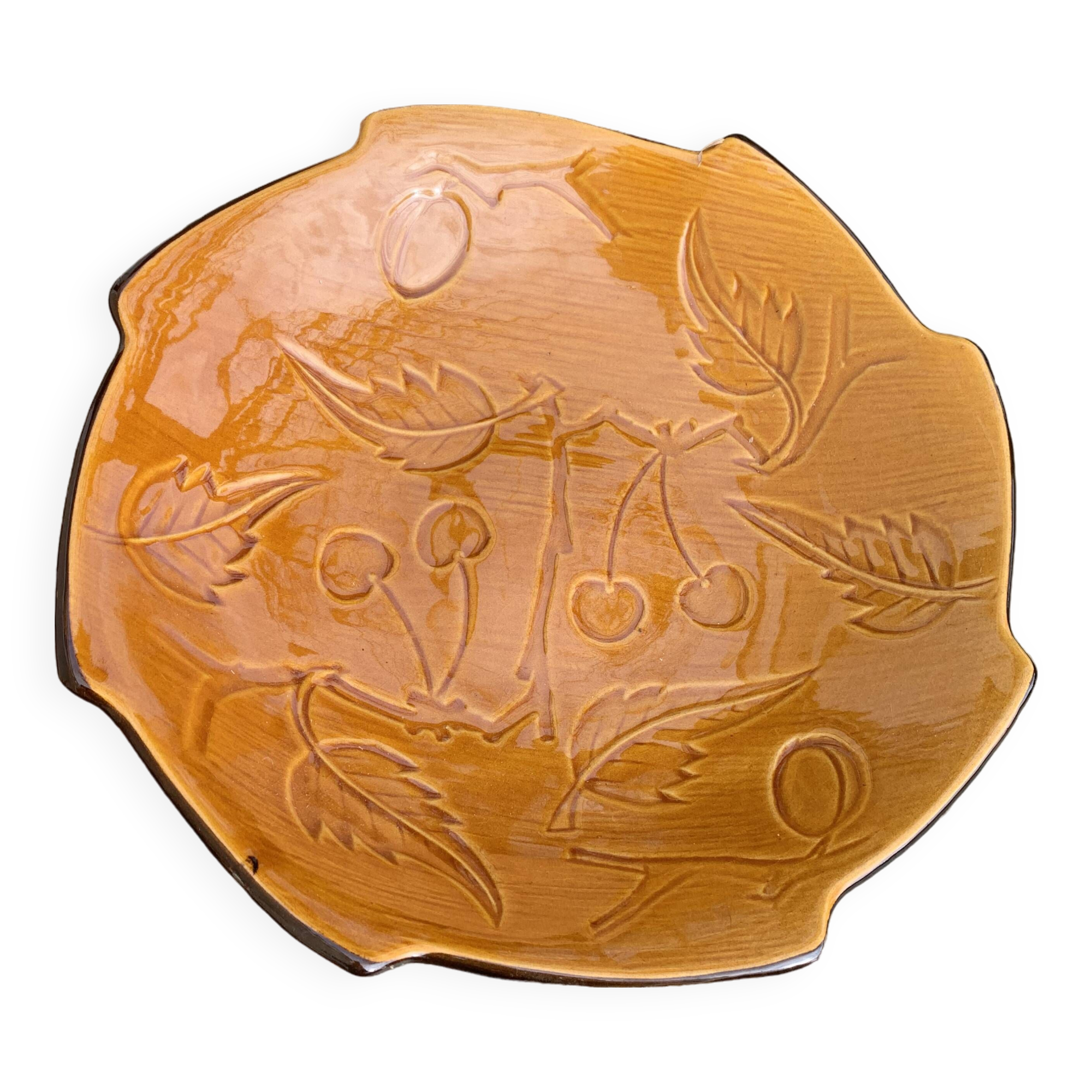 Enameled ceramic fruit bowl signed POET LAVAL, Drome France, with summer fruits