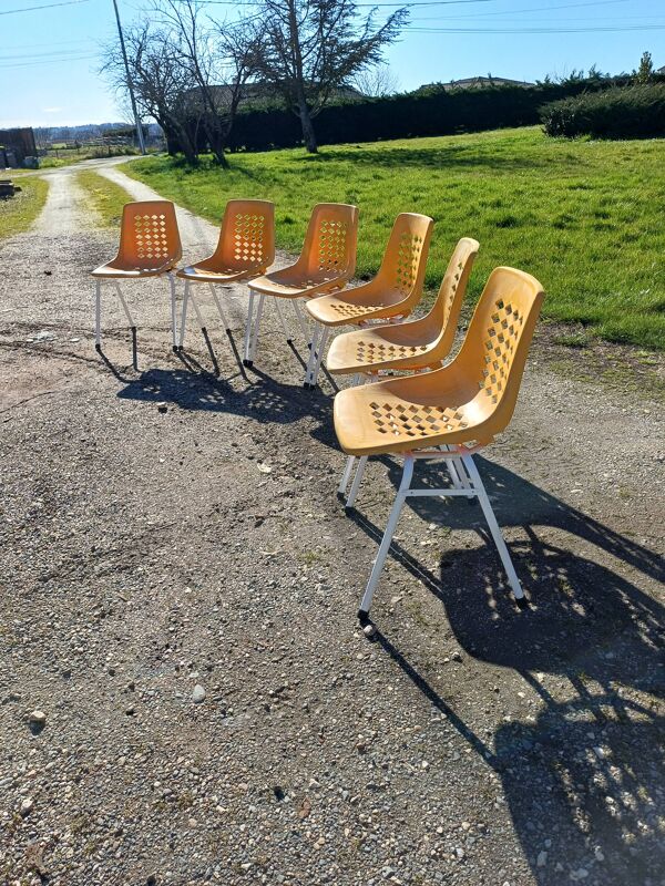 6 chaises de jardin vintage fer et plastic orange