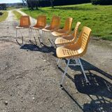 6 vintage iron and orange plastic garden chairs