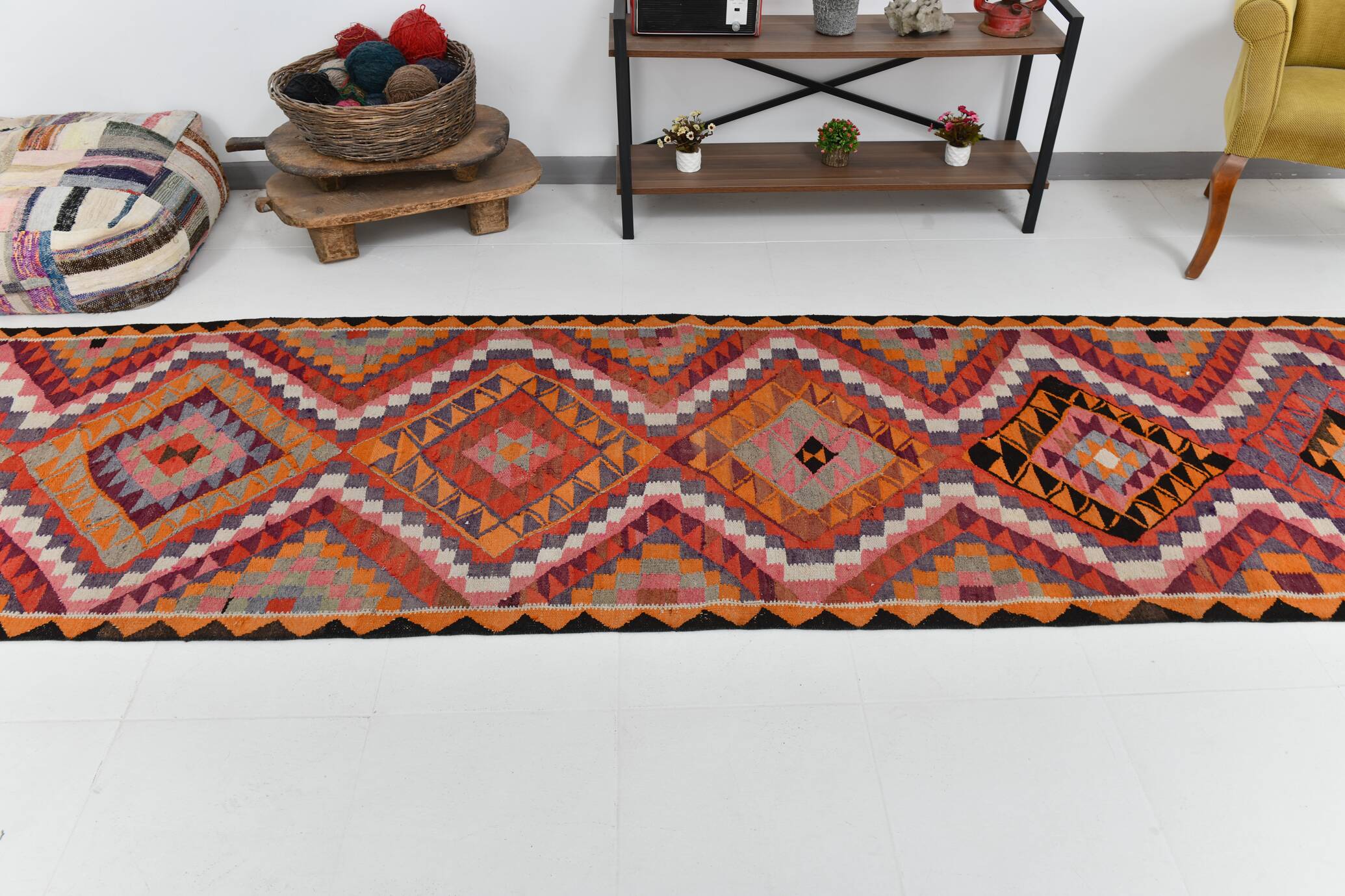 3x12 Pink Orange Vintage Kilim Runner Rug 105x377Cm SK 34621