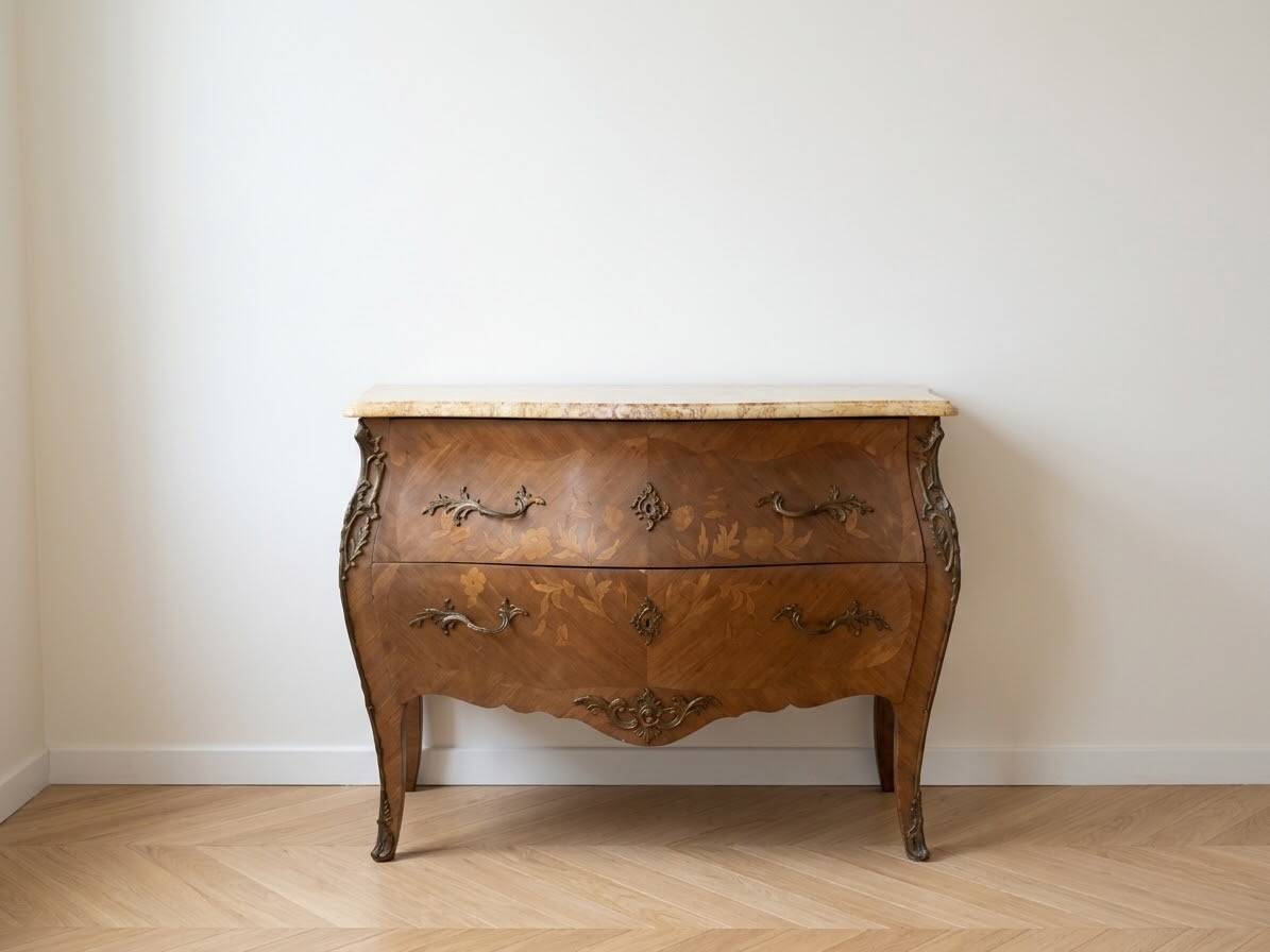 Curved Louis XV style commode in marquetry and marble.