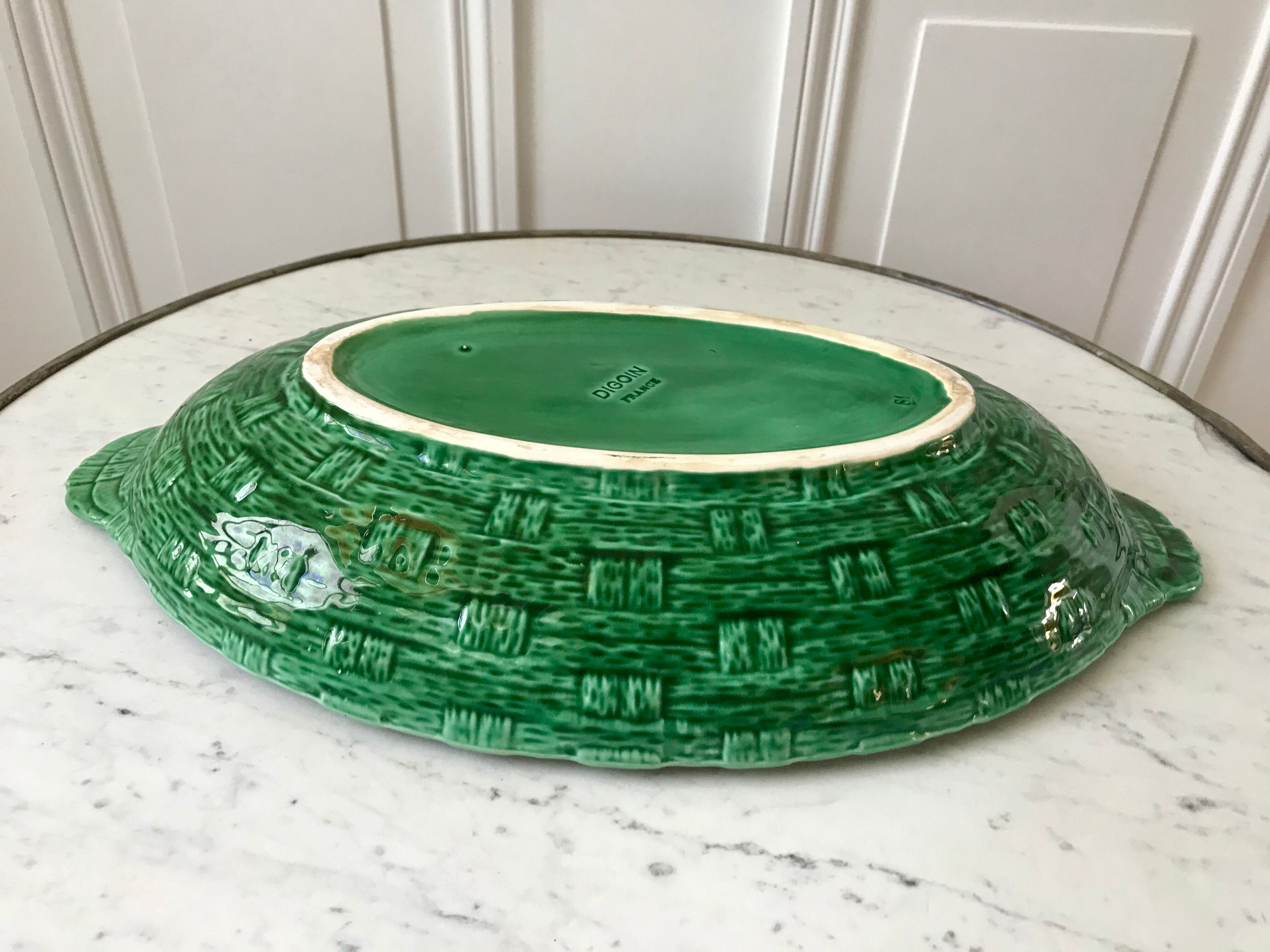 large bowl / dish in green Digoin slip, bamboo style, 50s-60s