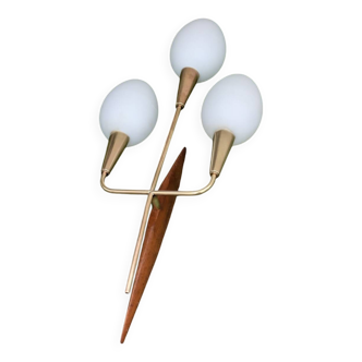 Vintage wall lamp Maison Lunel brass Teak & Opaline 1950-60