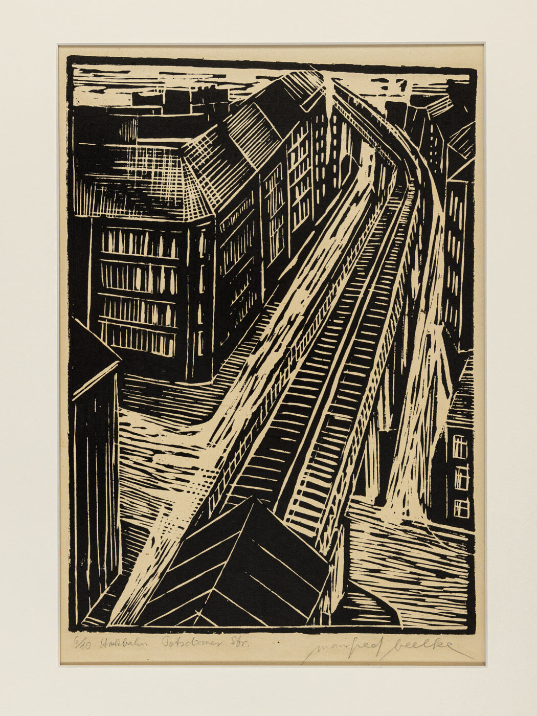 Hochbahn, B/W Linocut on Paper, 55 x 68 cm