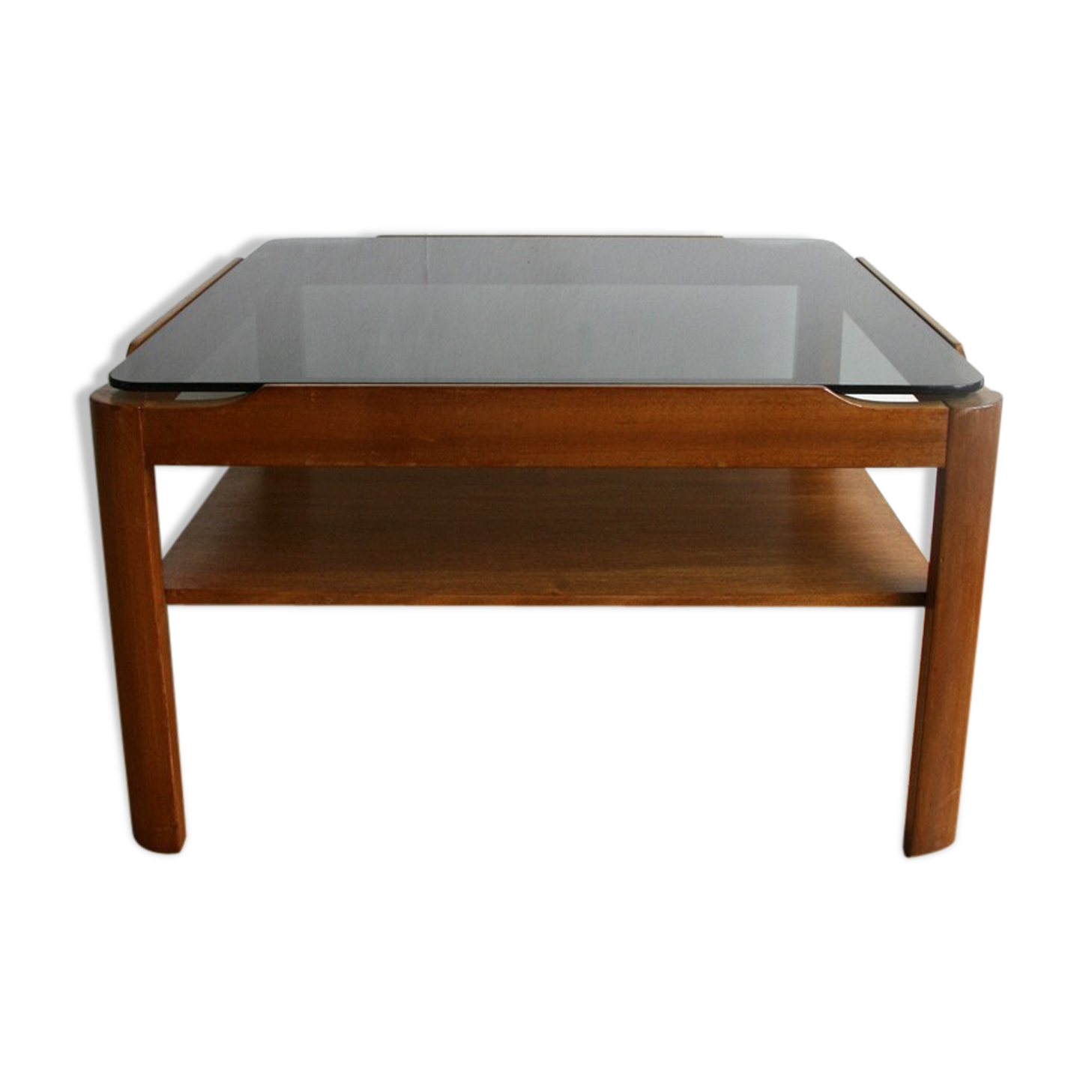 Table basse carrée en teck et verre - 1970