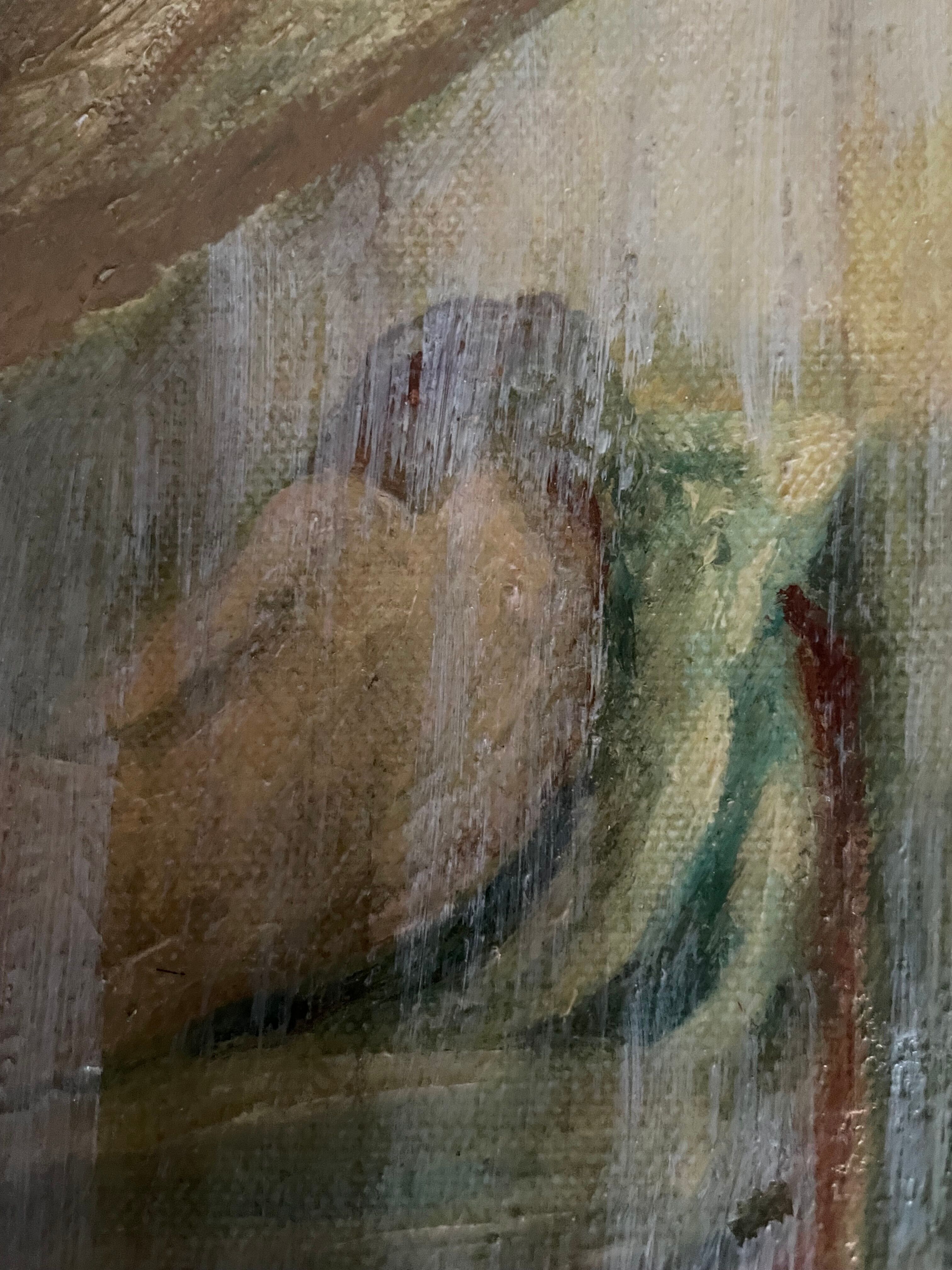 Oil on canvas signed female nude the curtain