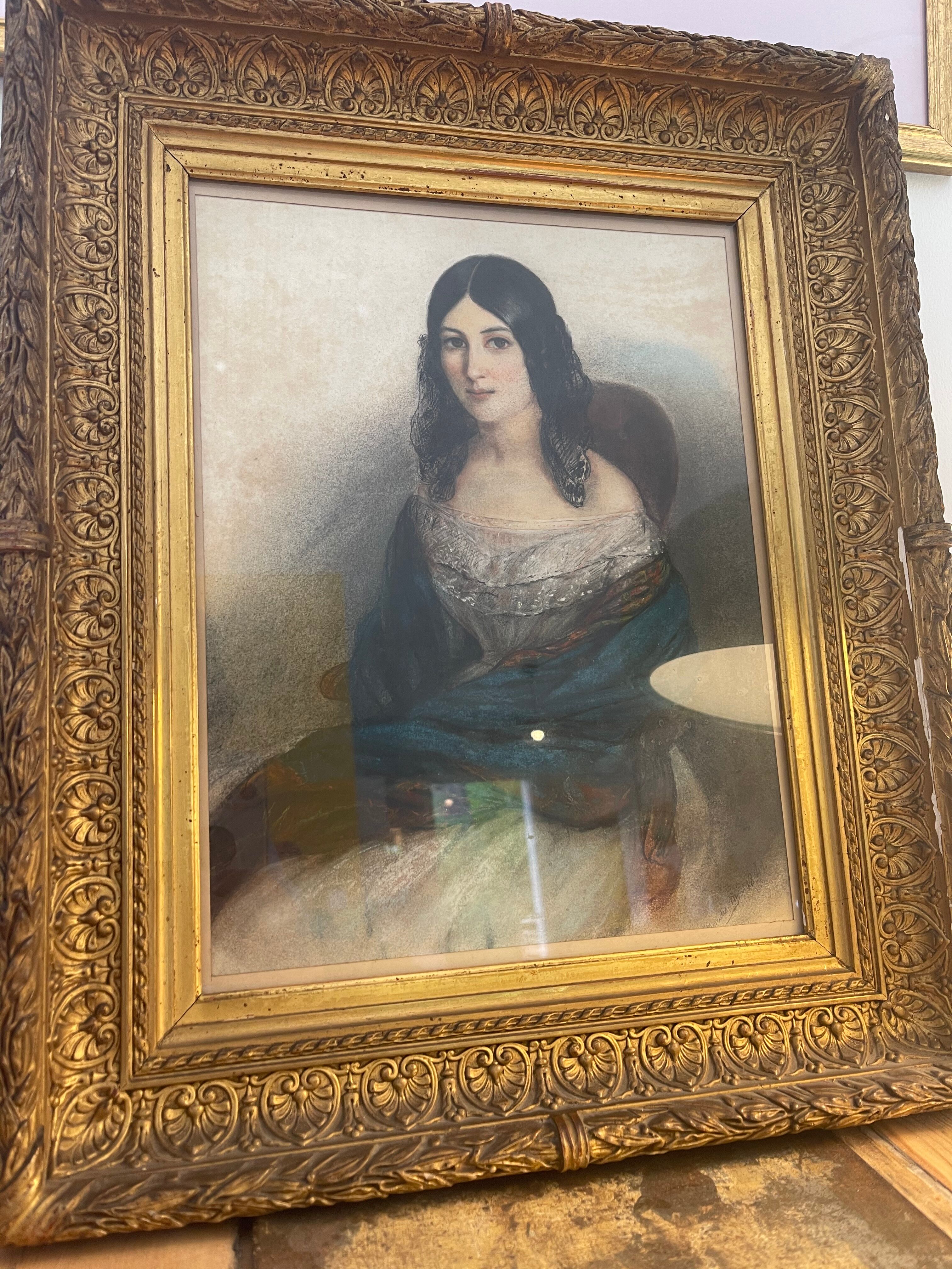 Tableau jeune femme au chalet bleu