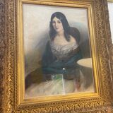 Tableau jeune femme au chalet bleu