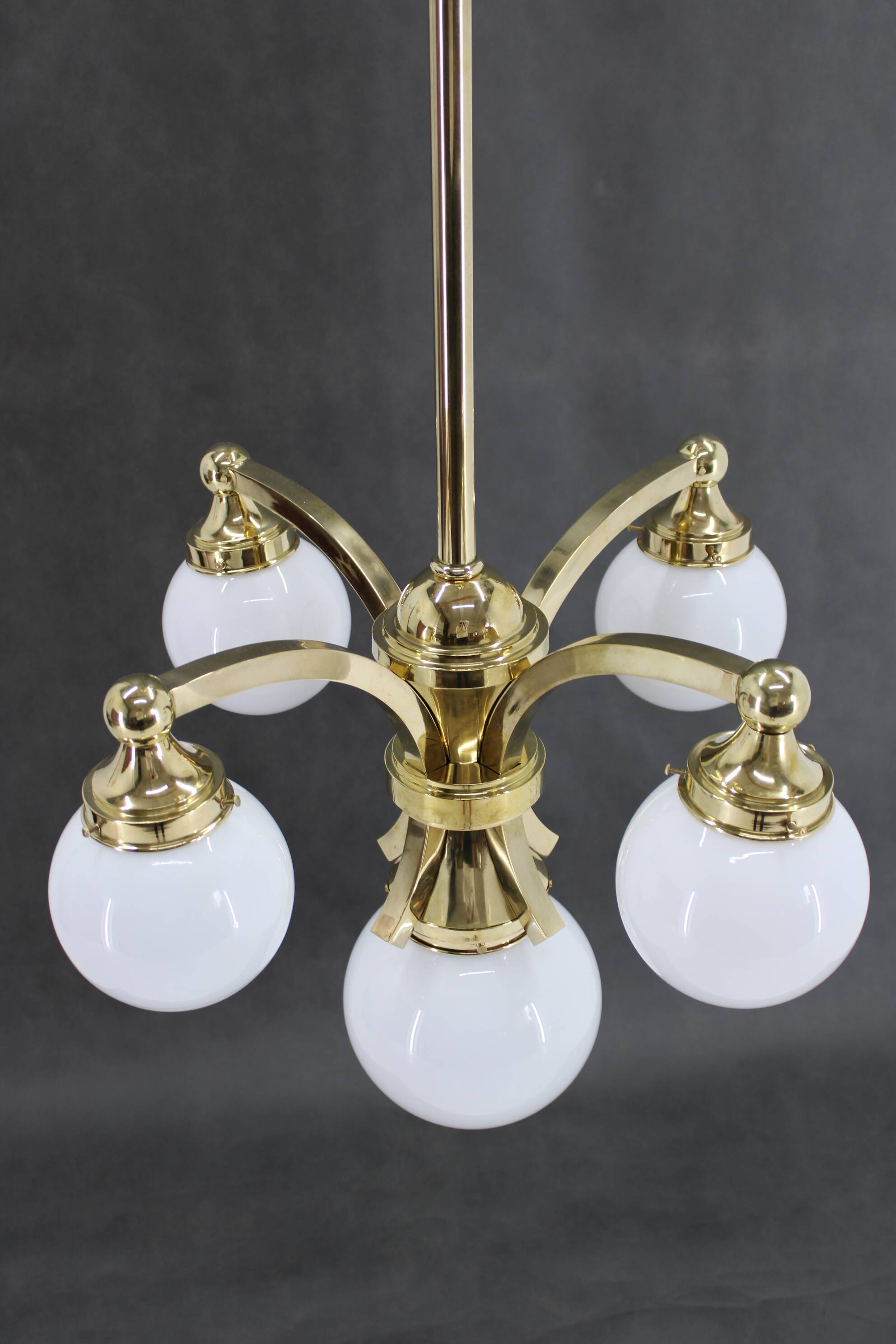 1930s Restored Brass Chandelier, Czechoslovakia