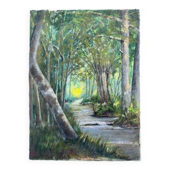 Tableau gouache "La rivière en sous bois" seconde moitié XXème