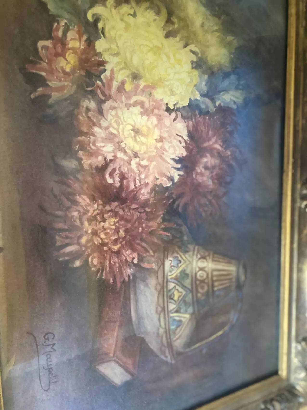 Tableau, aquarelle nature morte aux fleurs signée, sous verre, 1900