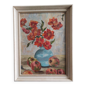 Peinture à l'huile française vintage de fleurs