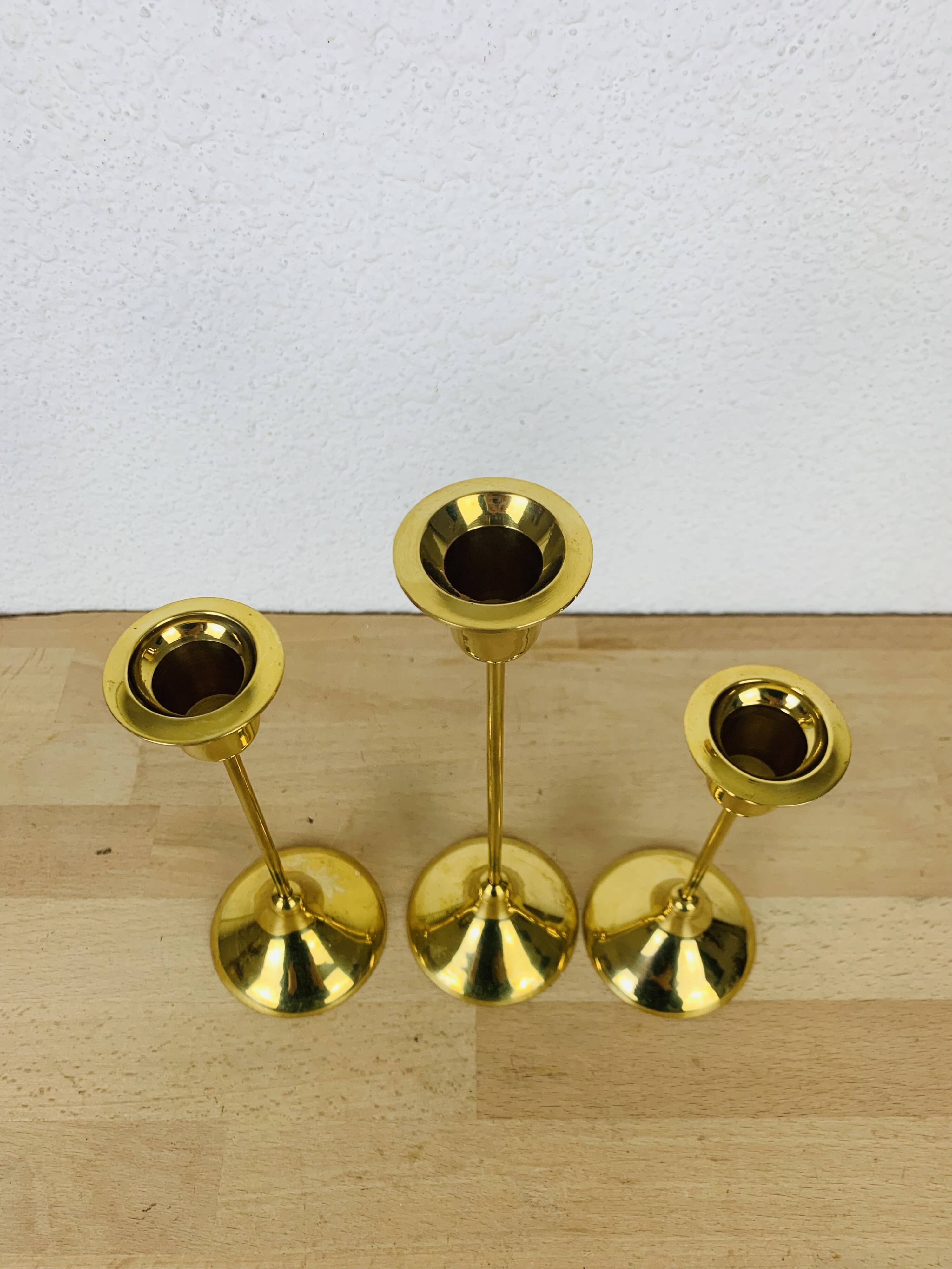 3 Scandinavian style gold-plated brass candle holders
