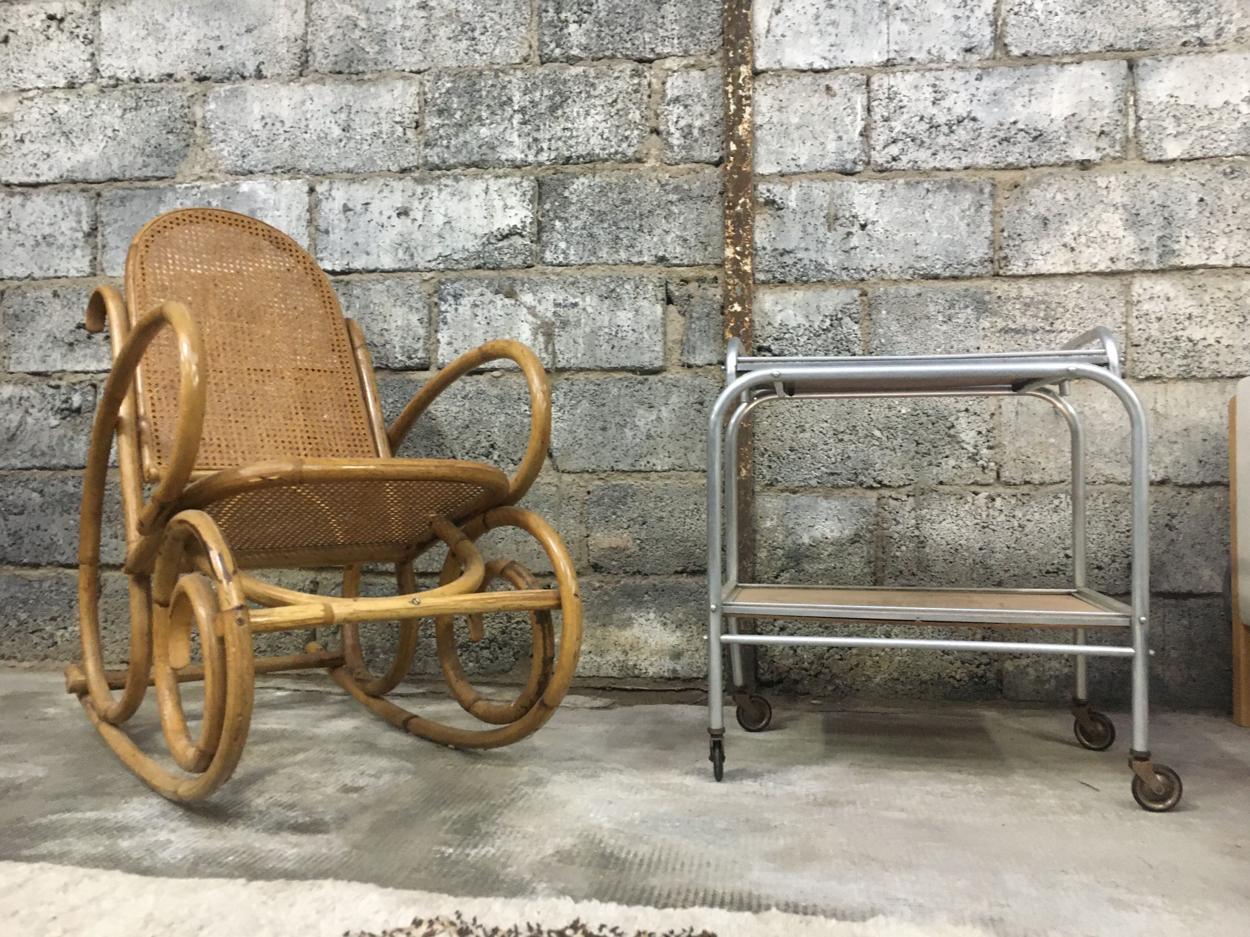 Rocking-chair in bamboo rattan and vintage wicker 1950