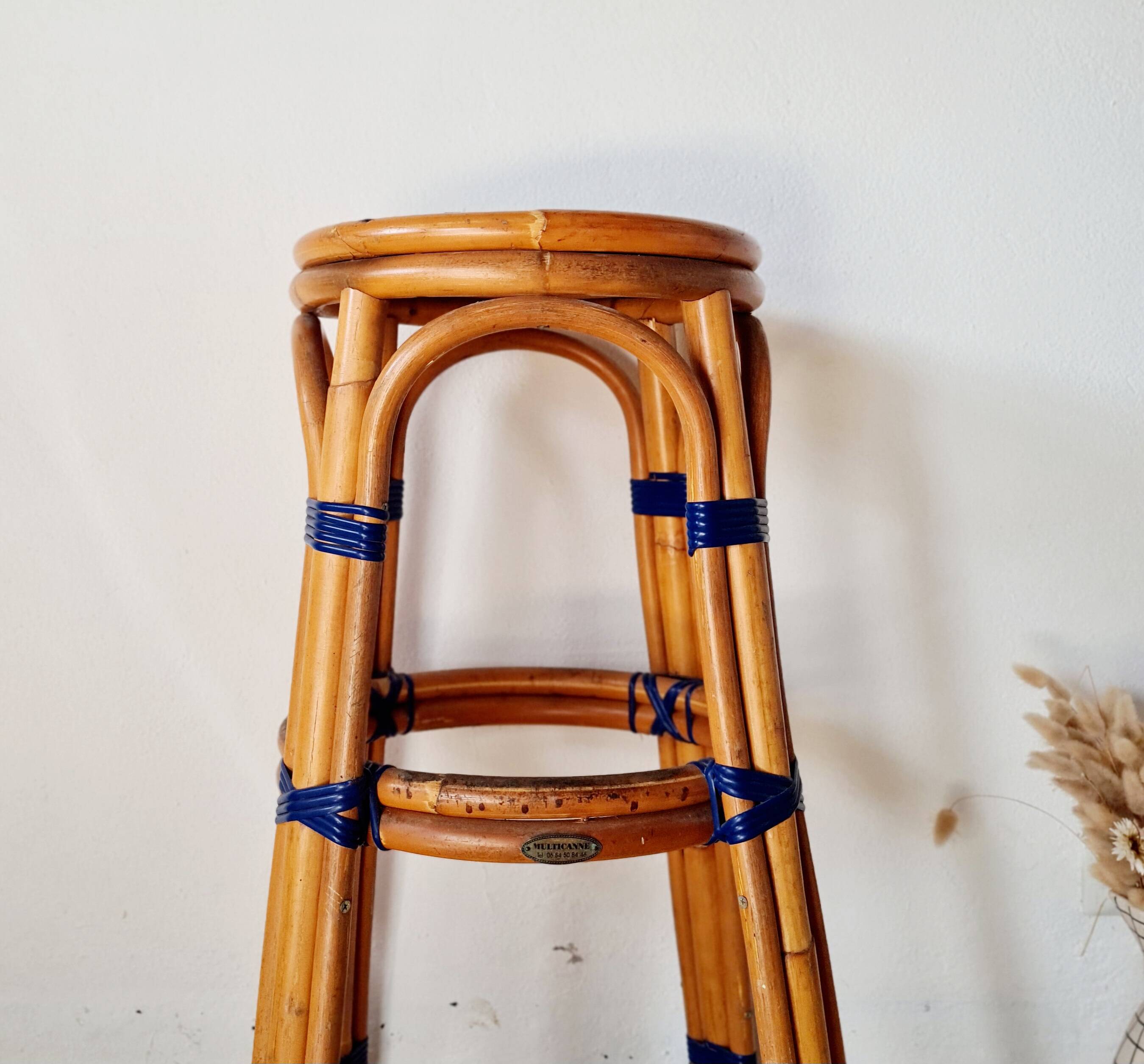 Vintage high stool Multicanne - Rattan & blue Rilsan - French