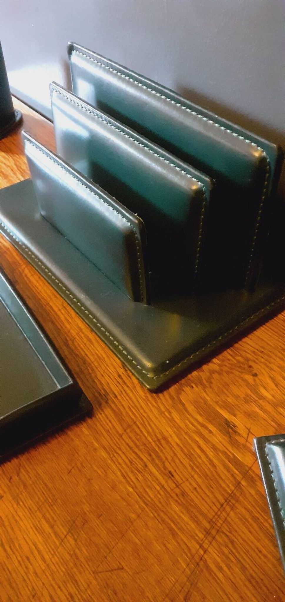 Vintage 7 Piece Office Set from the 50s in Green Leather "Le Tanneur".