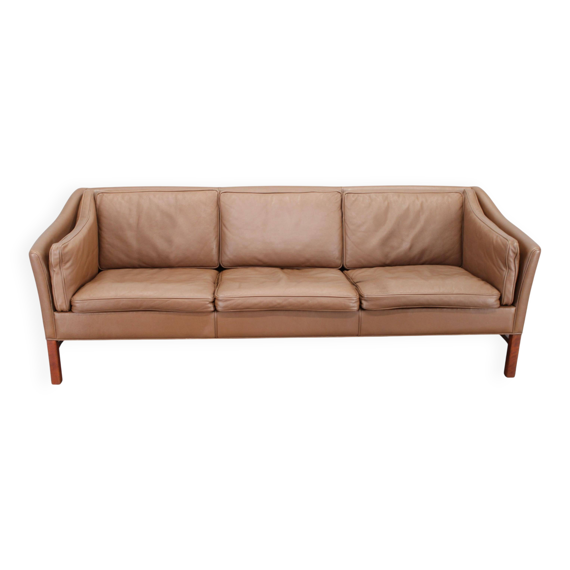 Canapé 3 places danois des années 1970 en cuir marron avec structure en hêtre