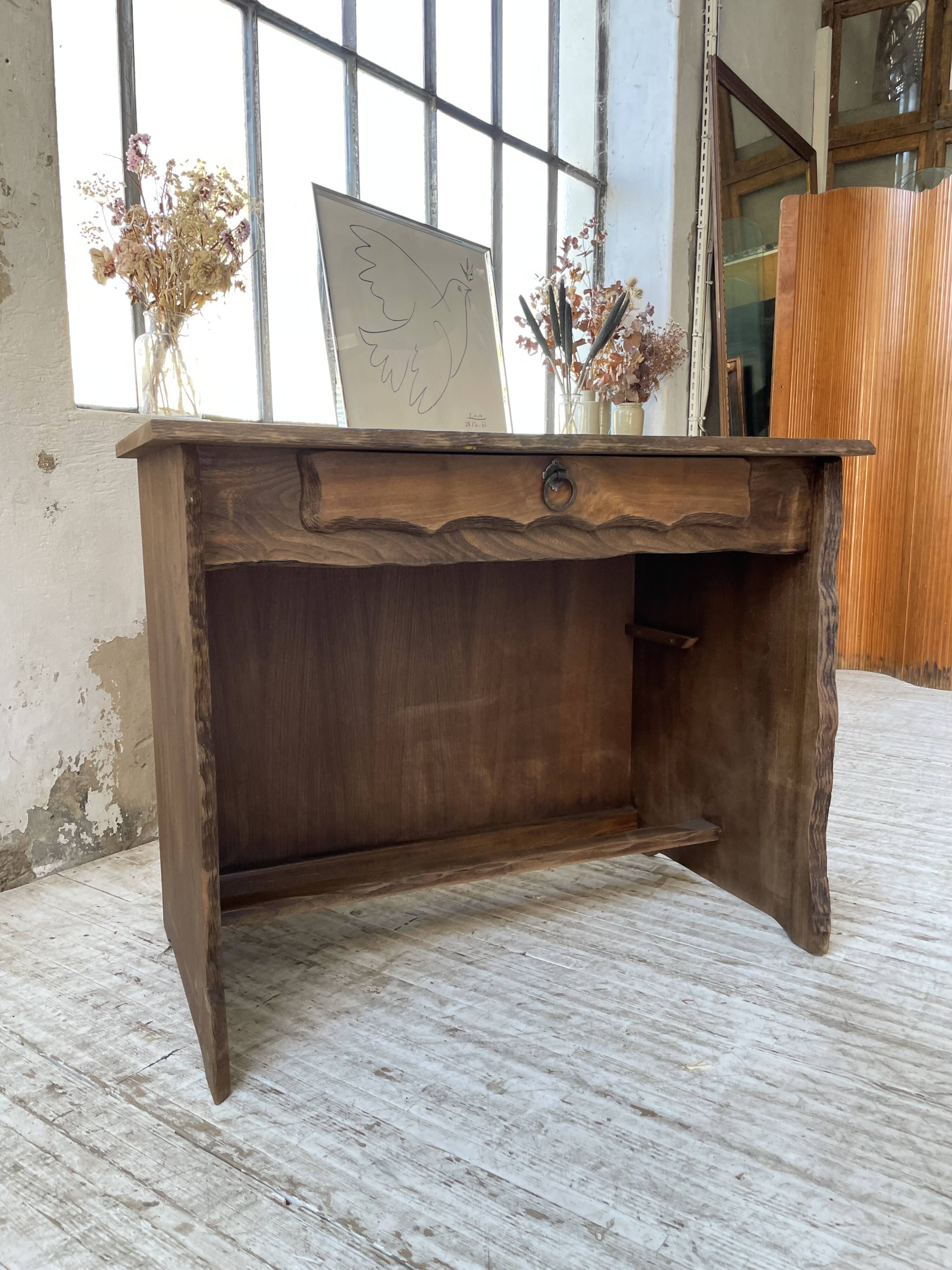 Brutalist desk in elm, signed Aranjou.