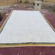 Large Moroccan Berber rug in cream 400x250 cm – yellow and blue border