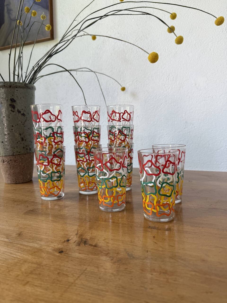 Set of 12 graphic glasses 1970