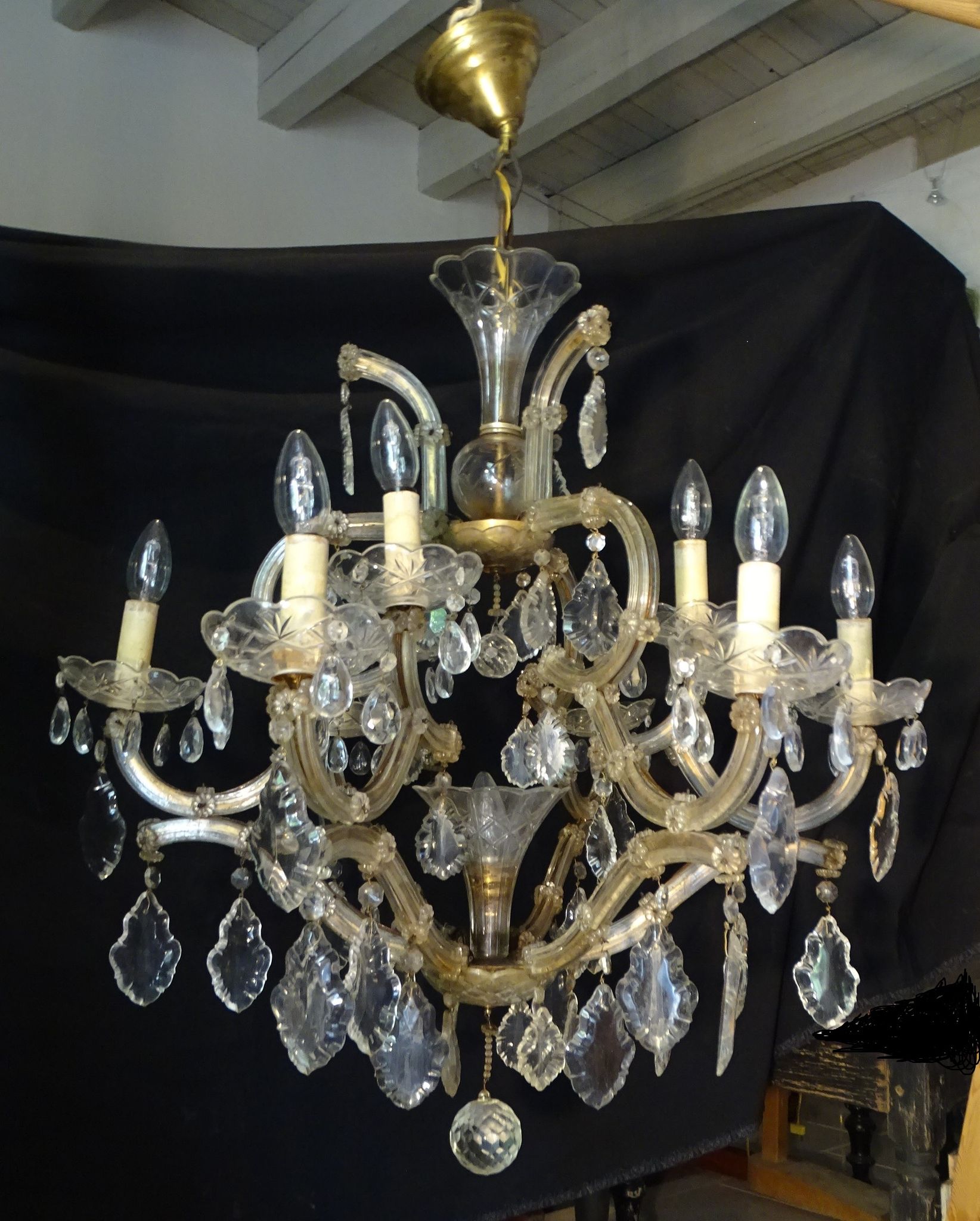 Venetian chandelier glass and crystal 9 Lights circa 1940