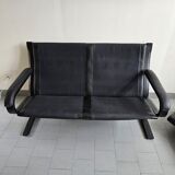Scandinavian 2-seater sofa 1970s vintage in black leather and curved wood