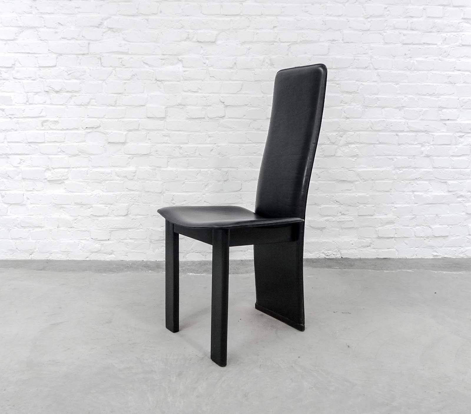 Cidue Style Black Sadle Leather High Back Italian Design Dining Chairs 70s