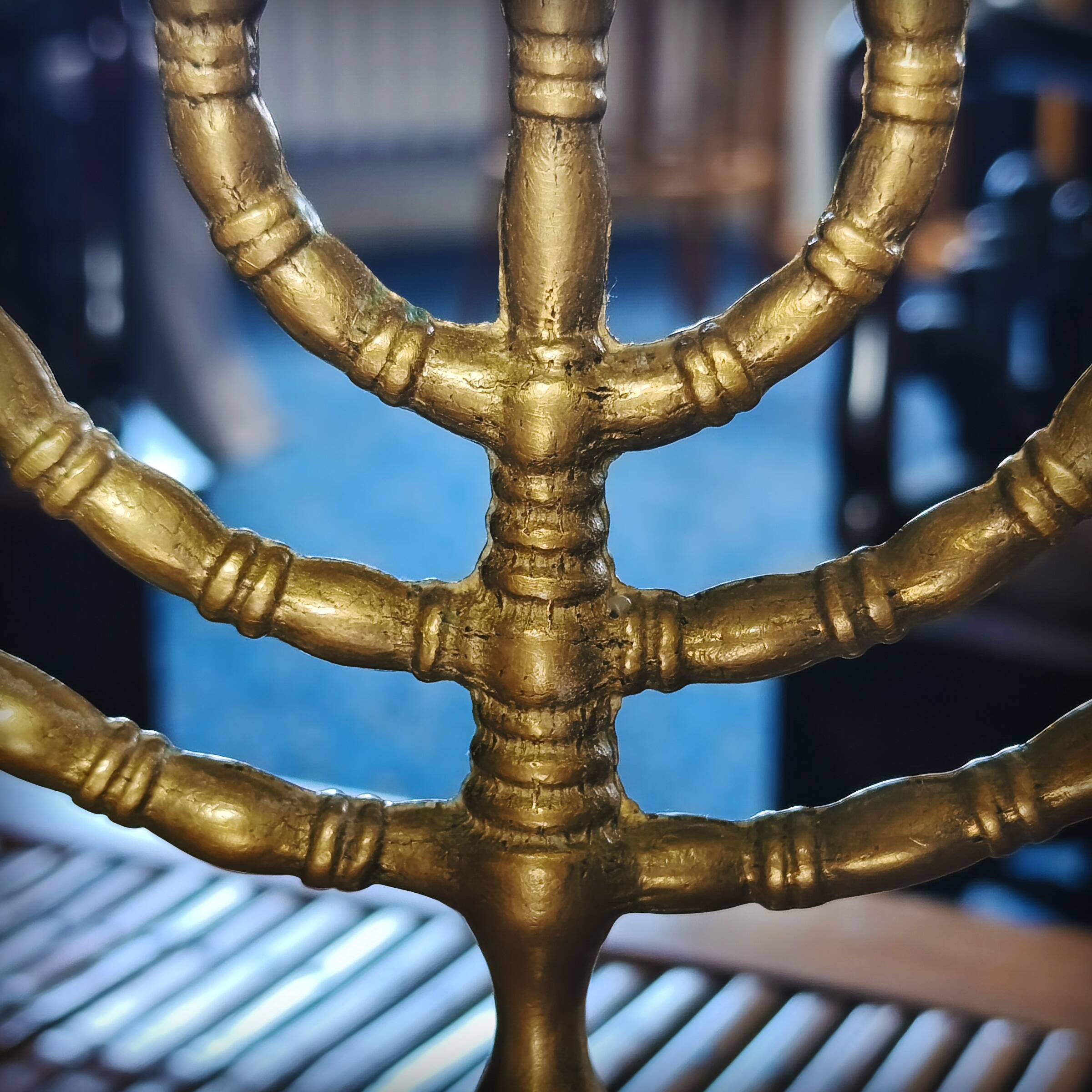 Bronze menorah, 7-branched chandelier, Israel, 1960s