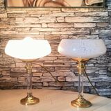 Pair of brass and Clichy glass lamps
