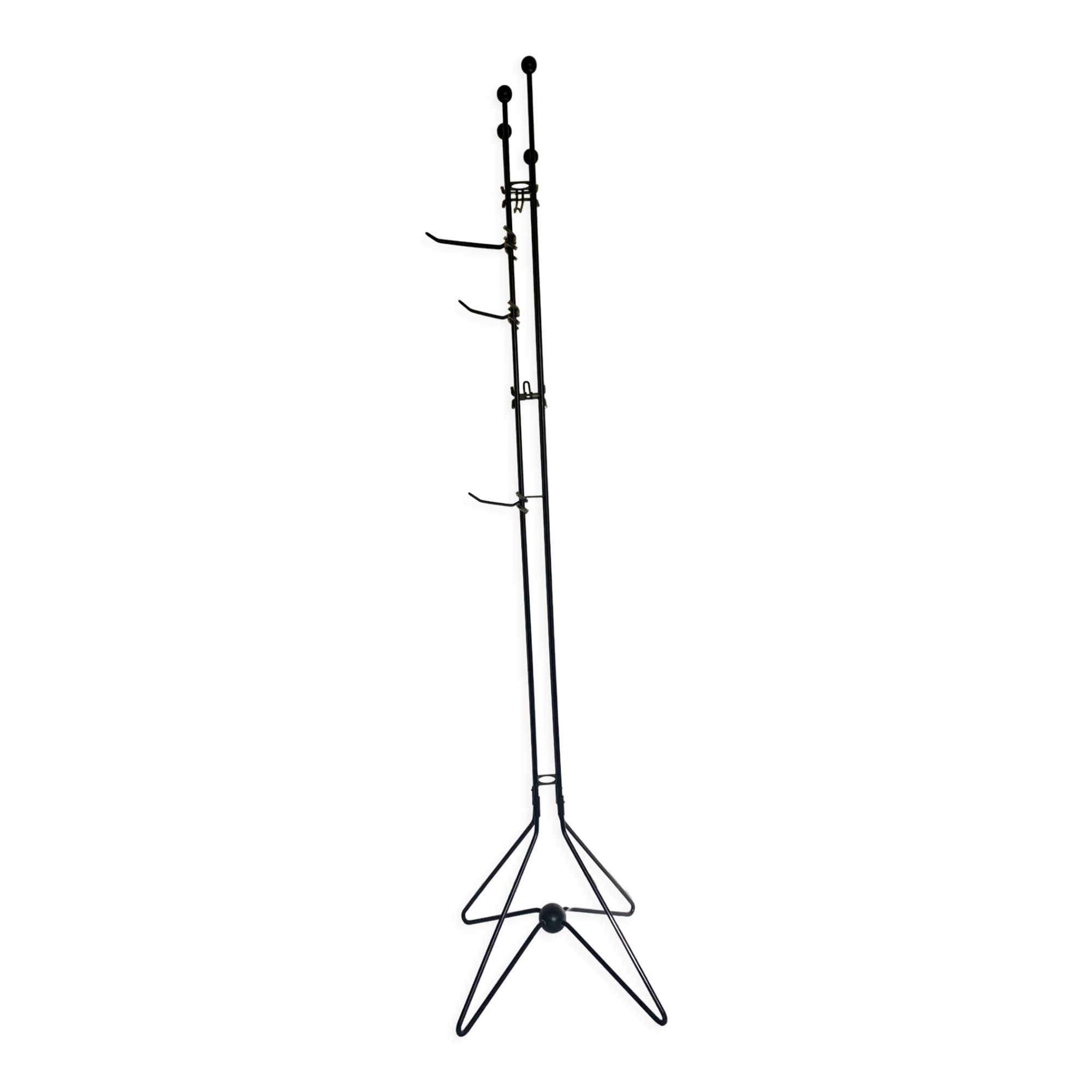 Vintage sixties iron and wood brutalist art deco standing coat rack France