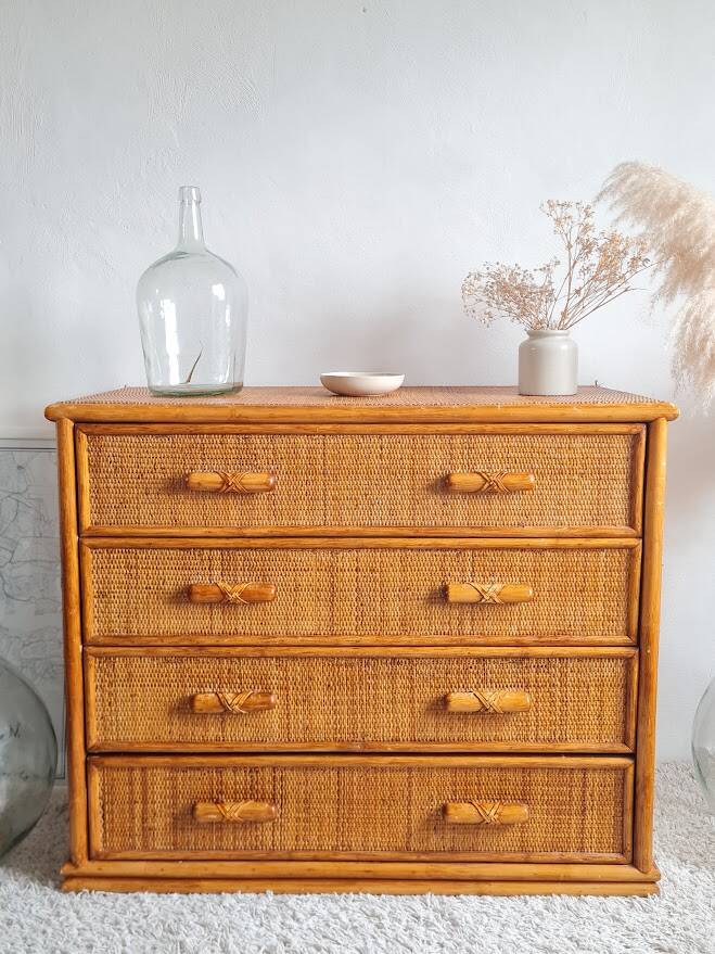 Vintage rattan chest of drawers circa 70s