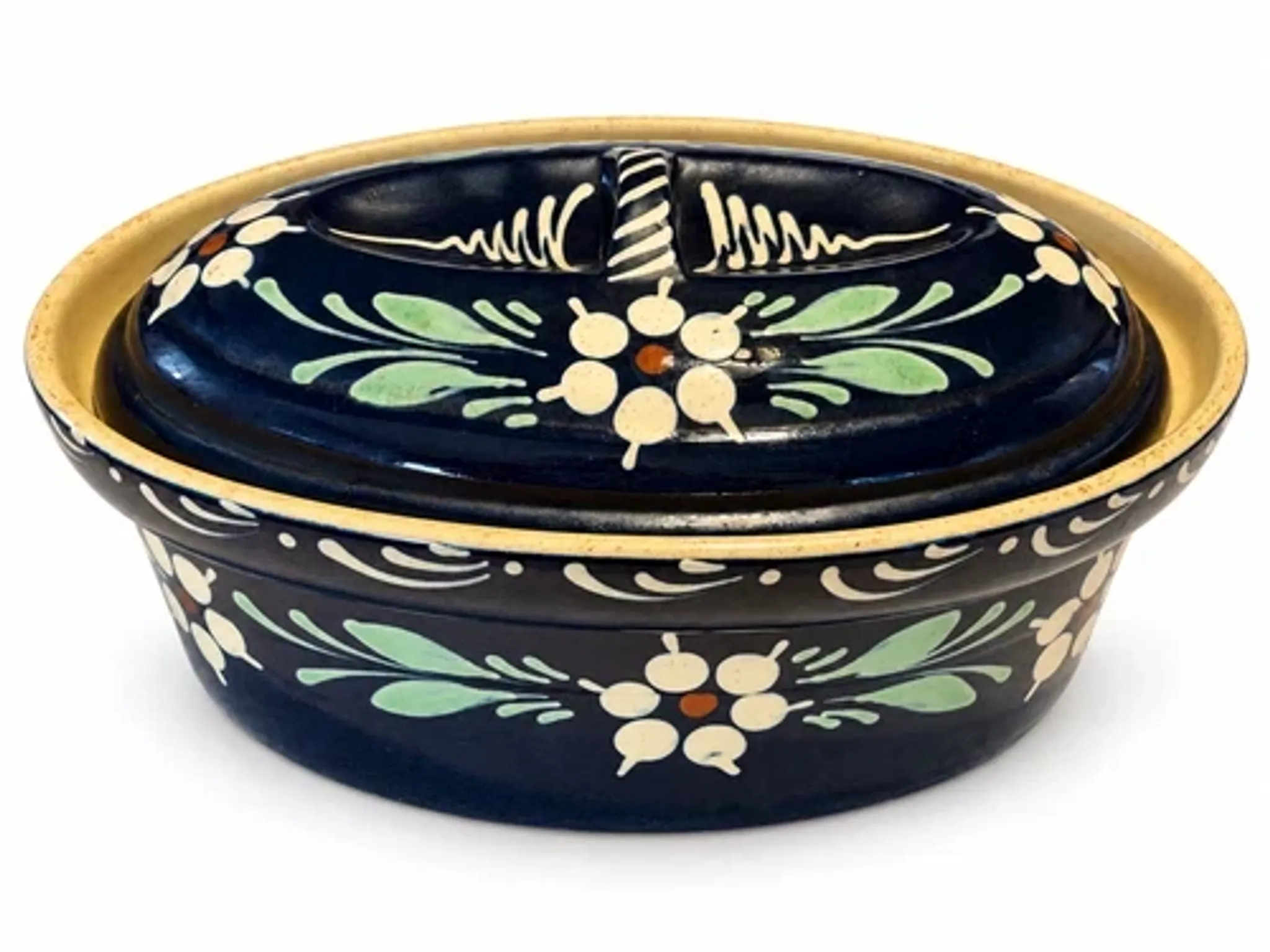 Terrine alsacienne ancienne à Baeckeoffe bleu fleurs avec couvercle 35 cm