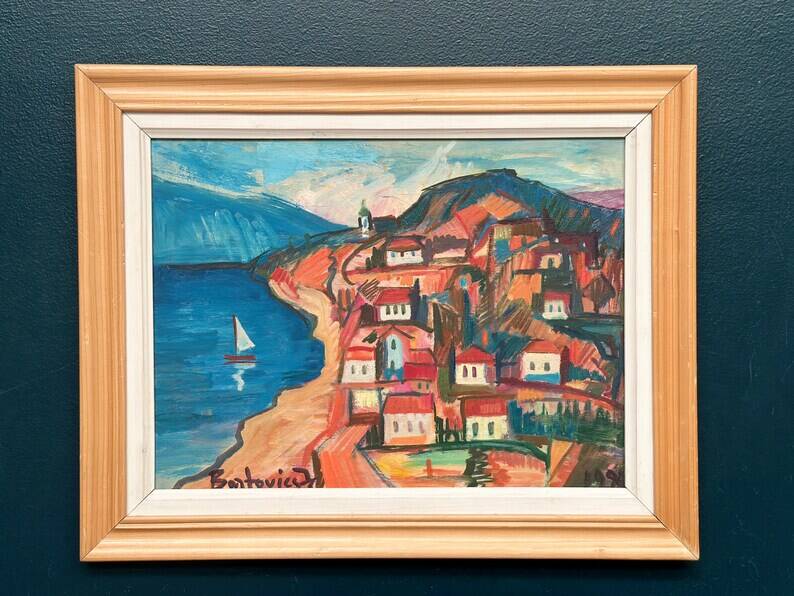 Original Swedish Oil on Panel – “Coastal Town” by Bartovicz 71 – Vintage & Framed – 51 × 41 cm (20" x 16.1")