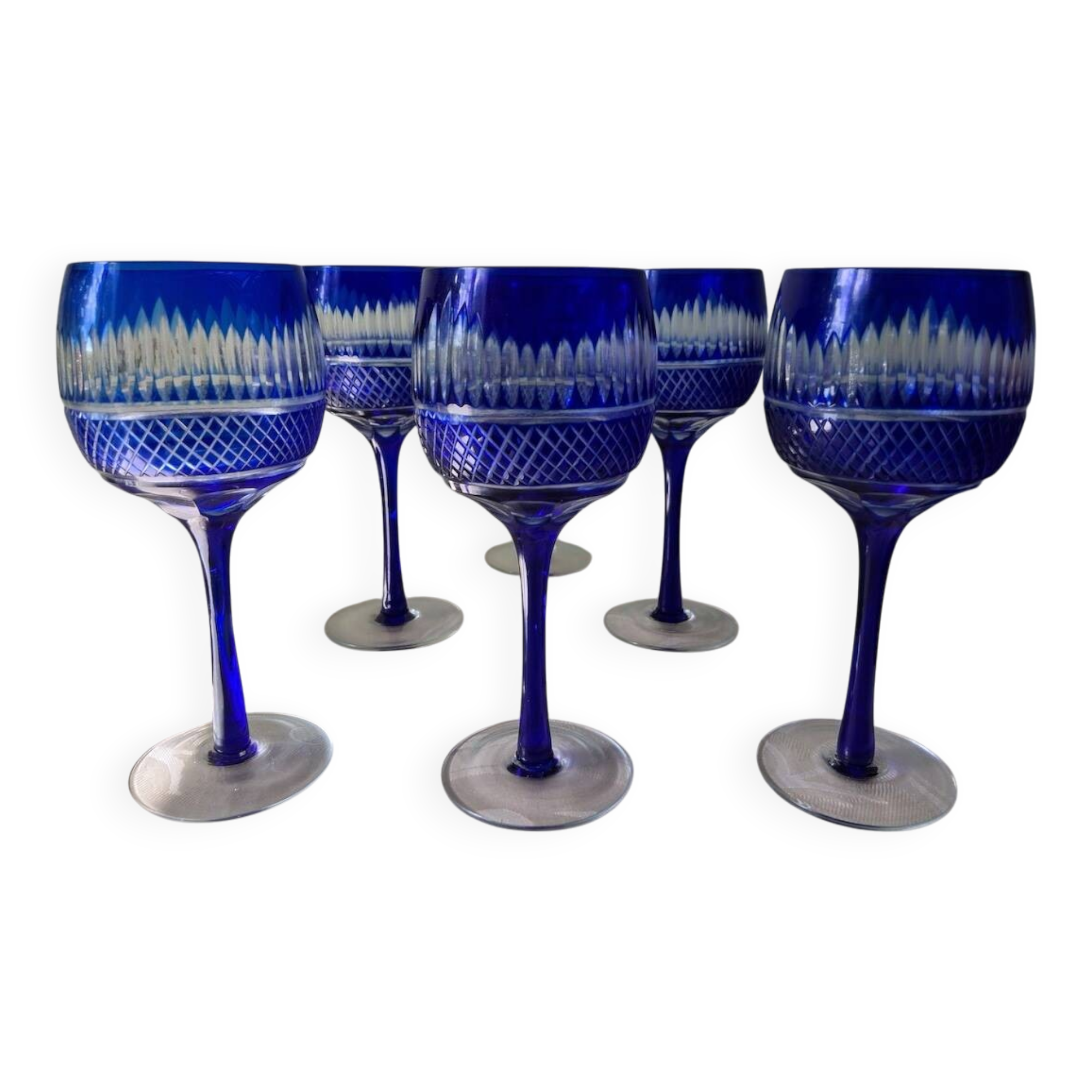 6 colored and engraved glass stemmed glasses