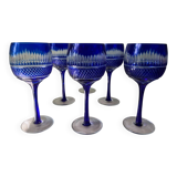 6 colored and engraved glass stemmed glasses