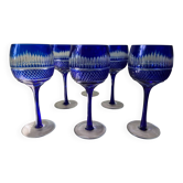 6 colored and engraved glass stemmed glasses