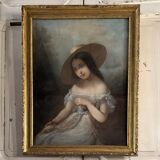 Portrait de jeune fille pastel sur toile milieu XIXe par Claude Gros