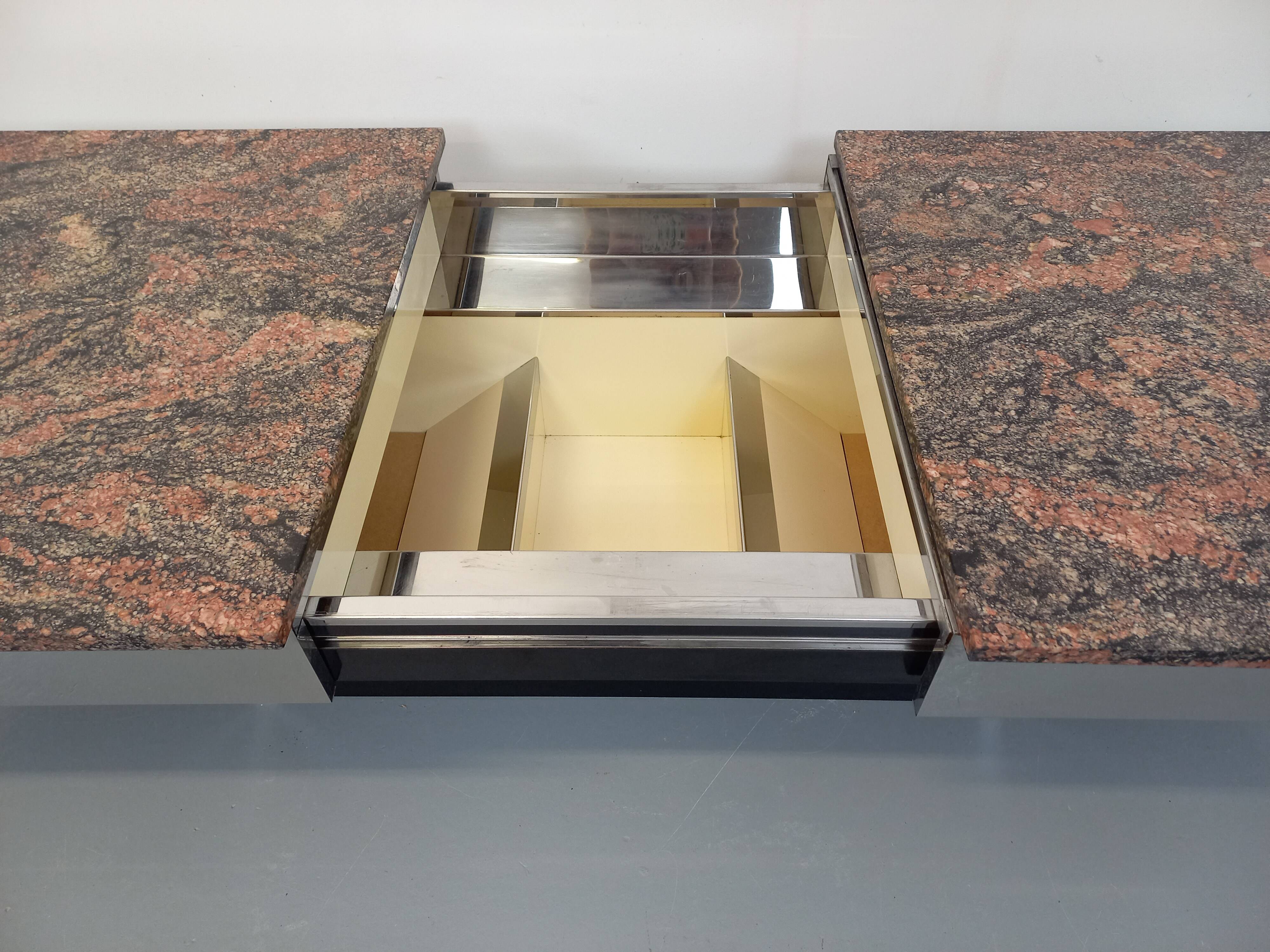 Vintage granite, chrome metal and black melamine coffee table with bar