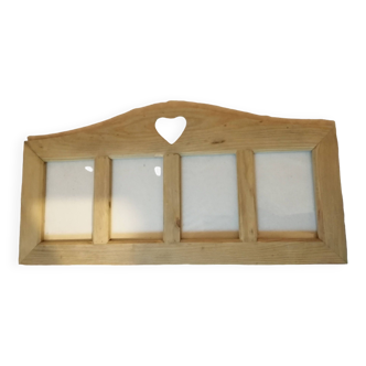 3-view wooden photo frame with a cut-out heart pattern, rustic
