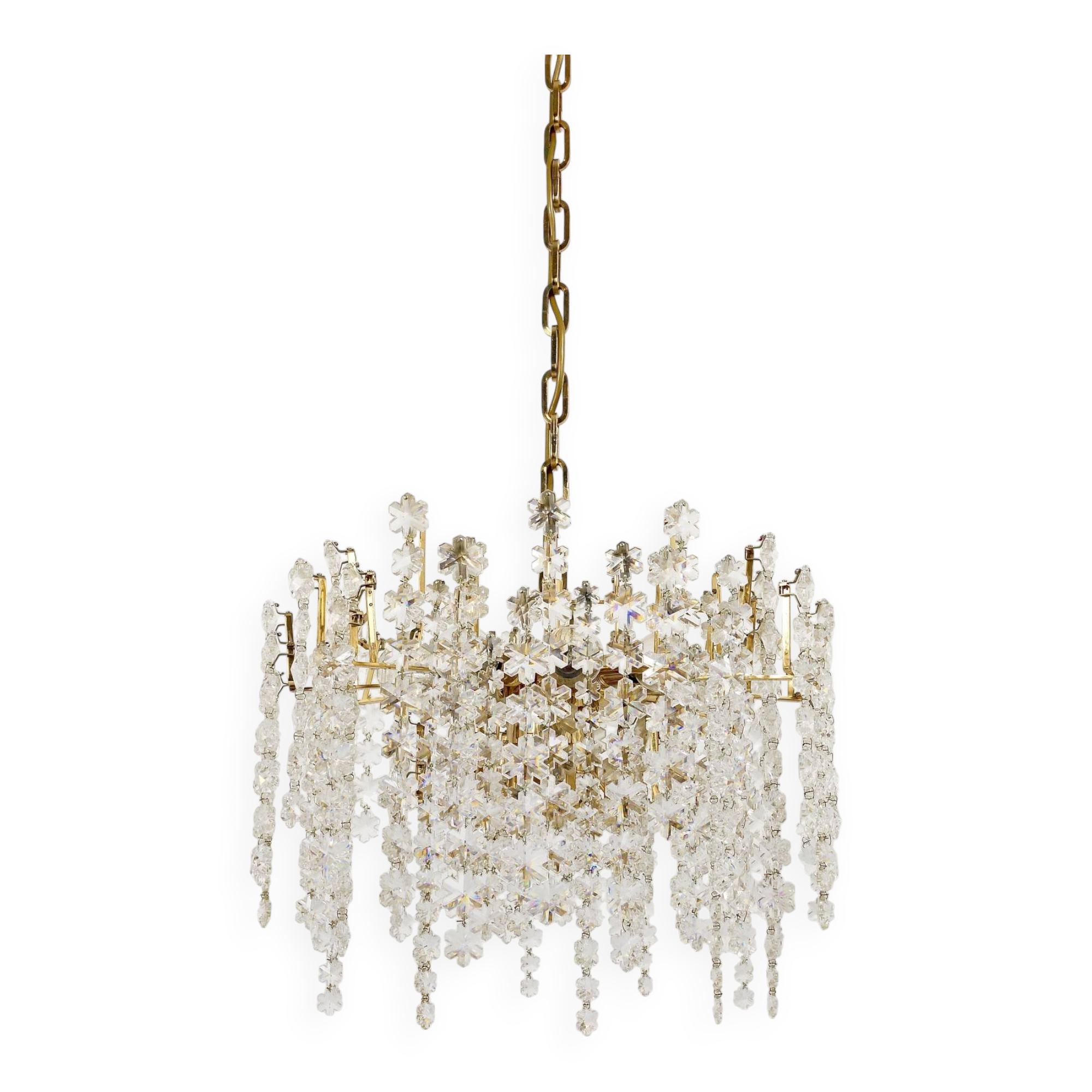 Bakalowits Vienne Lustre en laiton plaqué or avec cristaux en forme de flocons de neige, années 1970